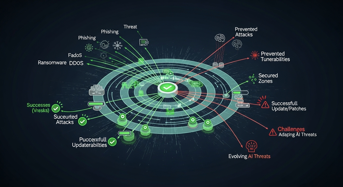 현재까지의 성과와 당면 과제 - 복잡한 사이버 위협 네트워크와 대응 노력을 보여주는 다이어그램, 성공과 새로운 도전 과제를 동시에 시사