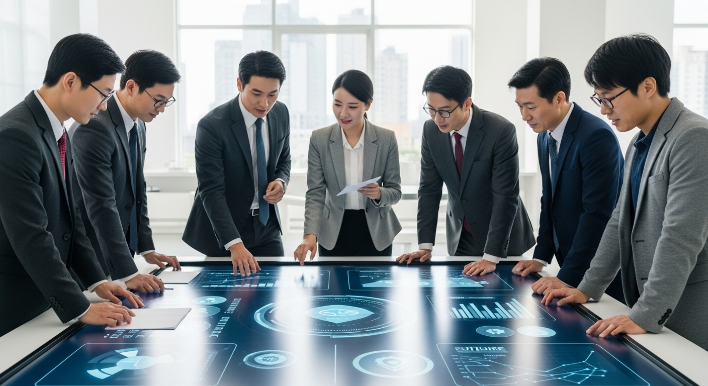 하노이 협약의 미래와 한국의 역할 - 한국 여성을 포함한 다양한 국적의 전문가들이 사이버보안 데이터를 보며 협력하는 국제 회의 모습