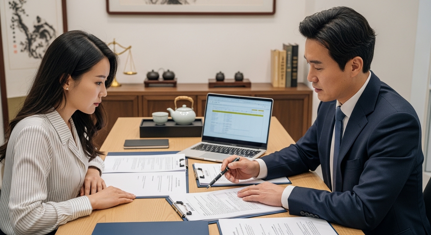 개인회생 신청 고려사항 - 한국인 변호사와 의뢰인이 서류를 검토하며 개인회생 전략을 논의하는 모습