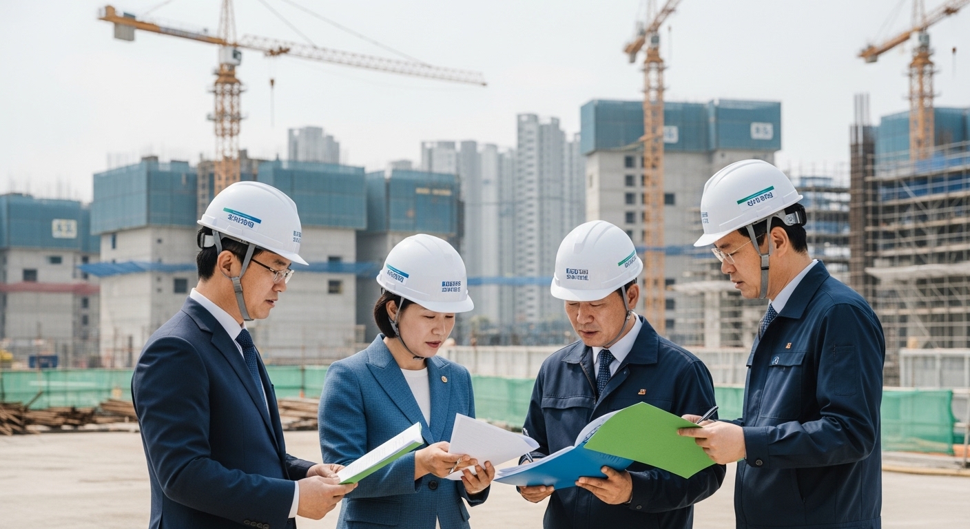 비주택담보대출 및 PF 대출 규제 동향 - 대형 건설 프로젝트 현장에서 서류를 검토하는 한국인 건설사 관계자들