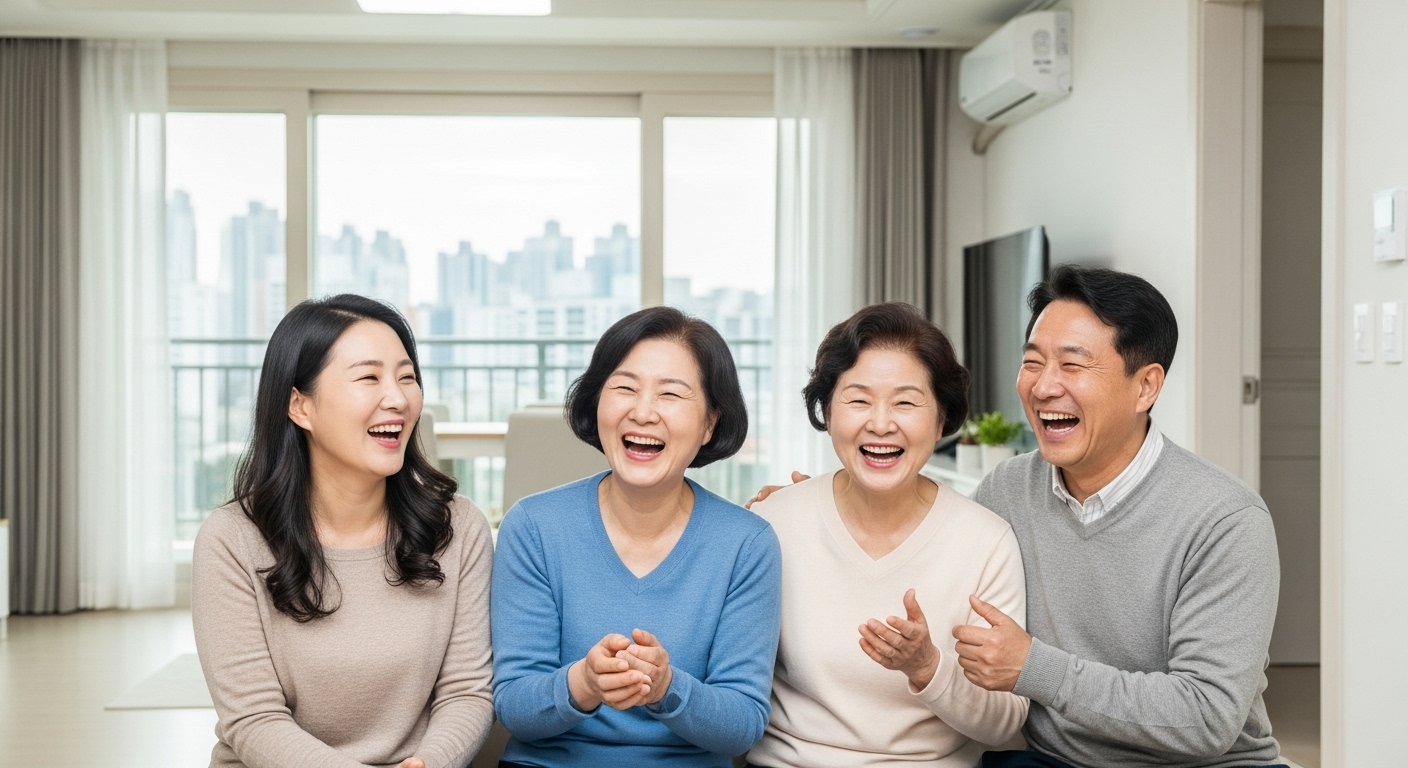 실수요자 보호와 시장 안정화 정책의 방향 - 새 집 거실에서 행복하게 웃고 있는 한국인 가족의 모습