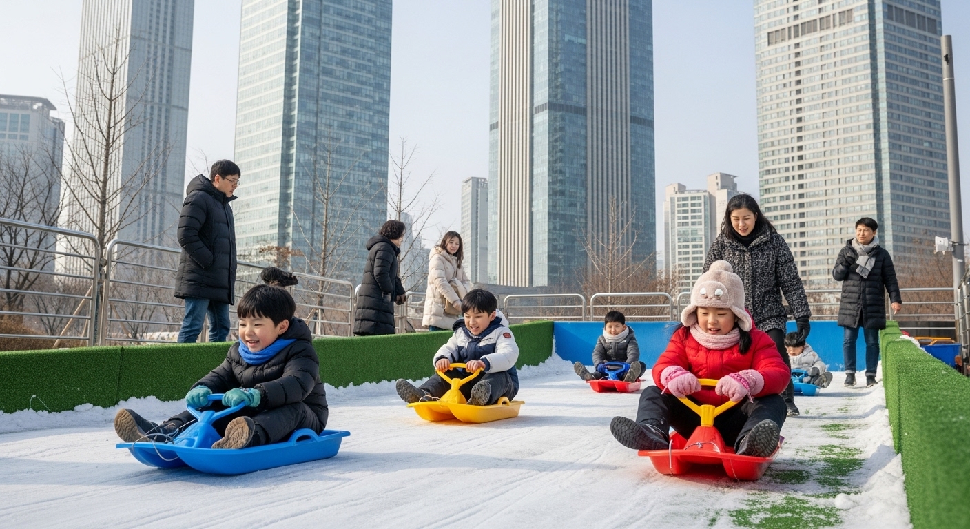 현대 사회 속 전통 썰매의 위기와 변화 - 도시 속 인공 썰매장에서 현대식 썰매를 즐기는 아이들의 모습