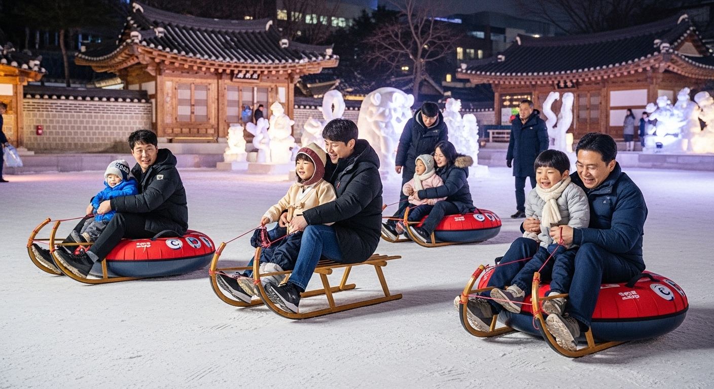 전통 썰매타기, 새로운 활성화 방안 모색 - 전통과 현대가 공존하는 겨울 축제에서 썰매를 즐기는 가족들