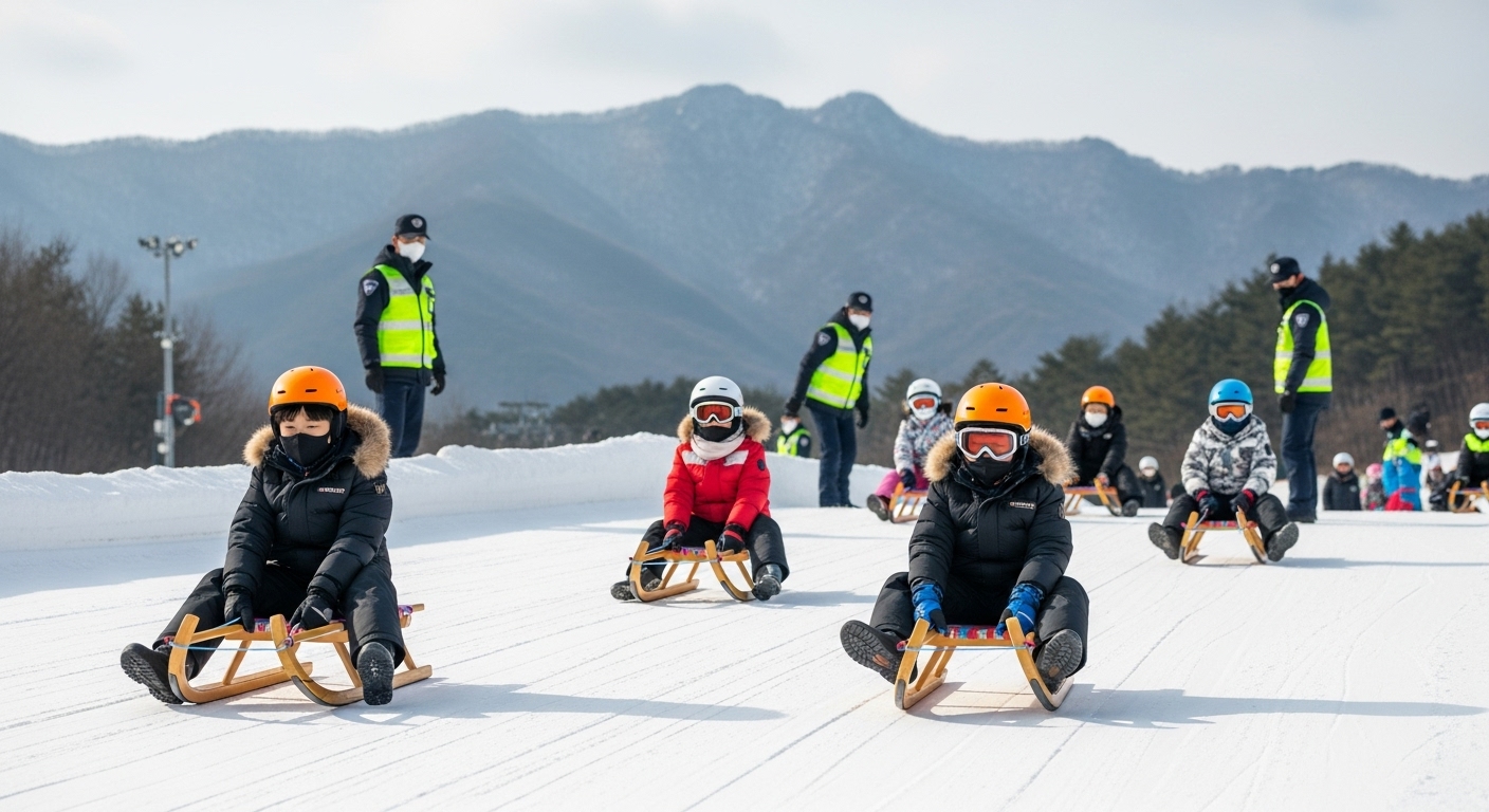 2025년, 겨울철 썰매 체험 프로그램과 안전 수칙 - 안전 장비를 갖추고 썰매를 타는 한국 어린이들