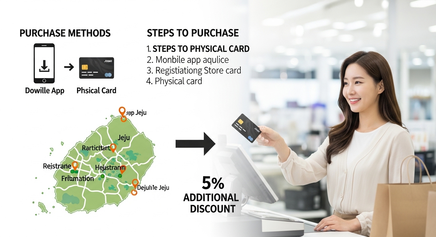할인 혜택 상세 분석 - 탐나는전 5% 추가 할인 구매 및 사용 절차를 보여주는 상세 인포그래픽. 모바일 앱과 실물 카드 아이콘, 참여 가맹점을 나타내는 제주 지도와 성공적으로 결제하는 한국인 여성의 모습