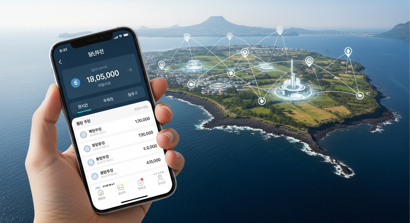 2025년 탐나는전, 앞으로의 전망과 활용 팁 - 업데이트되고 미래 지향적인 탐나는전 앱 인터페이스가 보이는 스마트폰을 든 손. 배경에는 제주 풍경의 디지털 오버레이와 경제 성장 및 원활한 디지털 거래를 암시하는 요소들