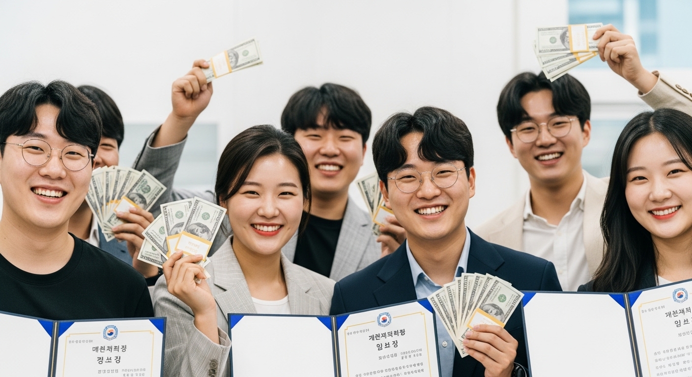 첫 만기지원금 지급의 의미 - 한국인 청년들이 금융 자립을 상징하는 서류와 돈을 들고 기뻐하는 모습