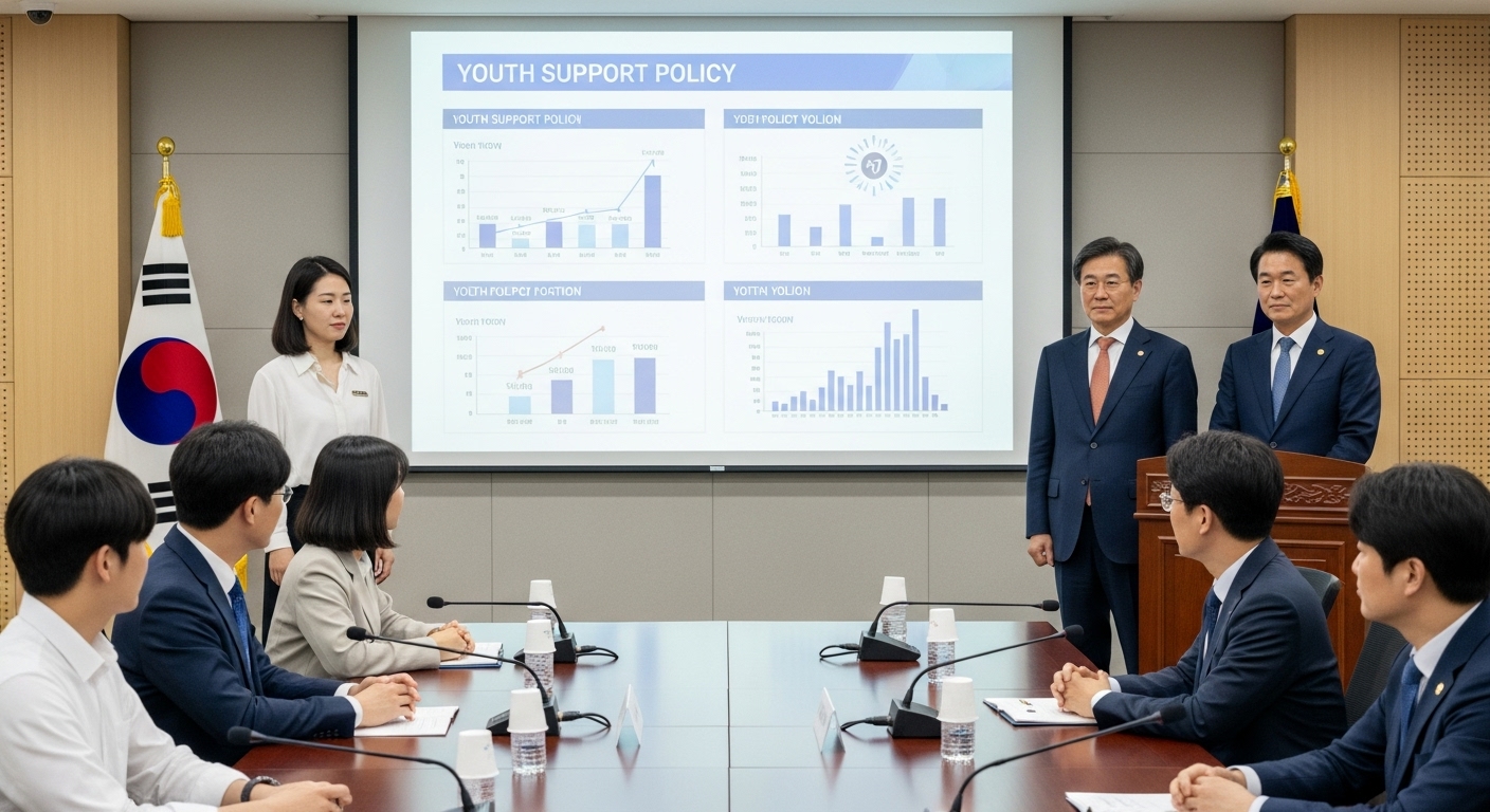 청년내일저축계좌의 미래 - 한국인 청년들이 정부 관계자와 함께 미래 금융 정책을 논의하는 장면