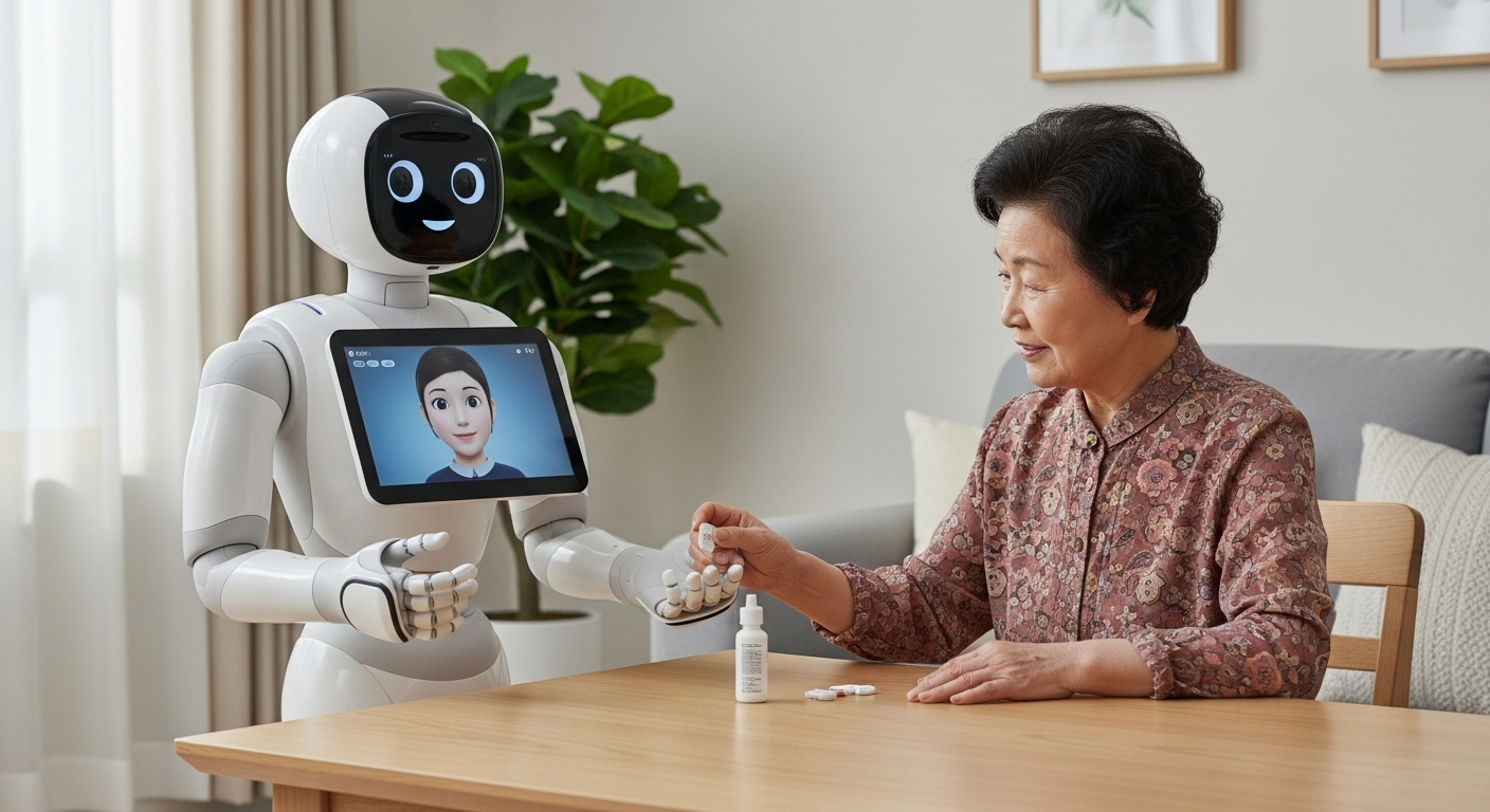 재가 돌봄 로봇의 진화와 주요 기술 트렌드 - AI 기반 재가 돌봄 로봇이 한국인 노인 여성에게 약 복용 시간을 알려주며 돕는 모습