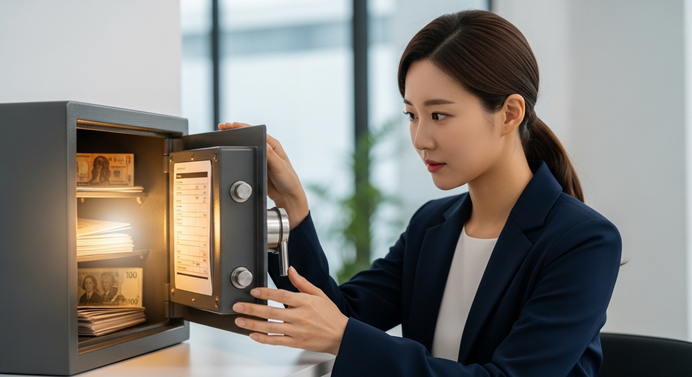예금자 보호 제도의 변화: 중요한 서류와 돈이 담긴 금고를 확인하며 금융 안정성을 지키는 한국인 여성.