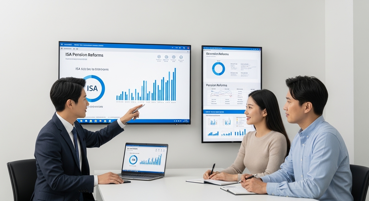 자산 관리 및 투자 환경 변화: 한국인 금융 자문가가 젊은 부부에게 ISA 및 연금 제도 개편을 설명하는 모습.