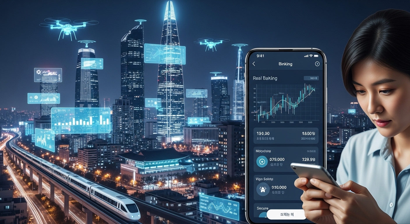 디지털 금융 혁신과 소비자 편의 증진: 한국의 미래 도시 야경과 함께 핀테크, 디지털 자산 규제를 나타내는 디지털 금융 인터페이스가 빛나고 있으며, 한국인이 안전한 모바일 뱅킹 앱을 사용하는 모습.