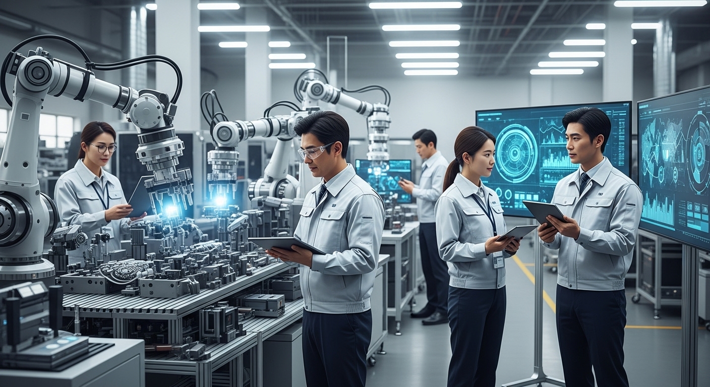 산업 전반의 AI 통합과 생산성 혁신 가속화 - 2025년 공장에서 AI 로봇과 인간 작업자들이 효율적으로 협력하여 생산성을 높이는 모습