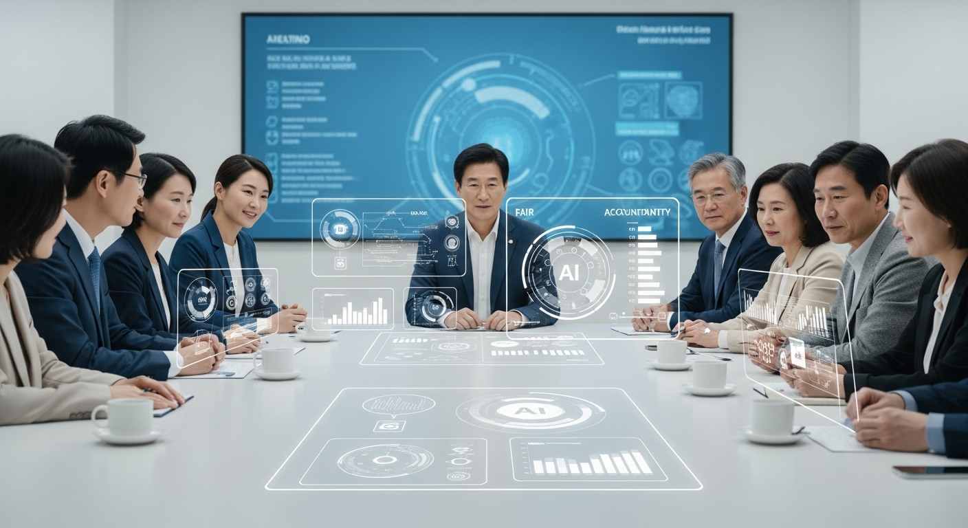 AI 윤리, 거버넌스, 그리고 데이터 주권의 중요성 증대 - 다양한 전문가들이 모여 AI 윤리 및 거버넌스에 대해 토론하며 미래 정책 방향을 논의하는 모습