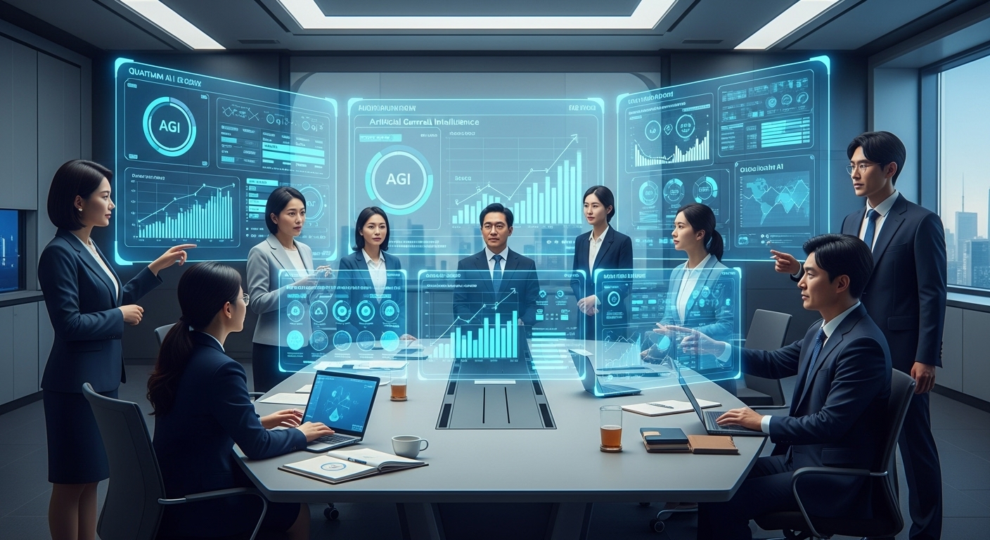 2025년 이후 AI 기술의 미래 전략과 투자 동향 - 한국의 경영진과 연구원들이 미래 AI 기술 투자 및 전략을 논의하며 혁신에 집중하는 모습