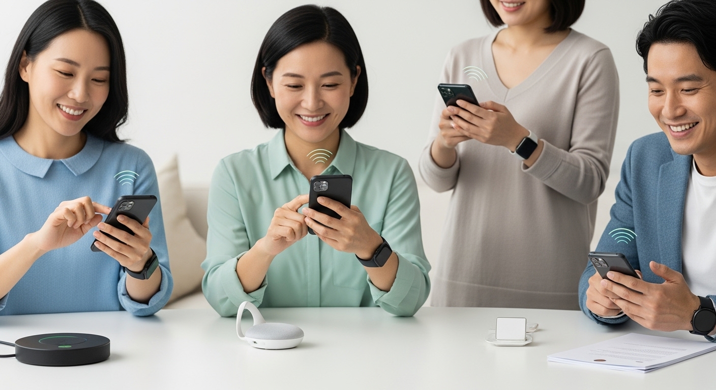 온디바이스 AI, 우리 삶에 스며들다 - 다양한 사람들이 온디바이스 AI가 탑재된 스마트폰, 스마트워치, 스마트 홈 허브 등의 기기와 원활하게 상호작용하는 현대적이고 사용자 친화적인 환경