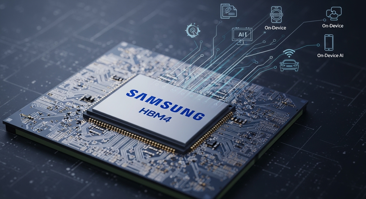 삼성의 전략: HBM4와 온디바이스 AI 융합 - 삼성 로고가 새겨진 반도체 웨이퍼 클로즈업, HBM4 생산을 상징하며, 칩에서 스마트폰, 스마트카 등 다양한 온디바이스 AI 애플리케이션으로 데이터가 흐르는 그래픽 배경