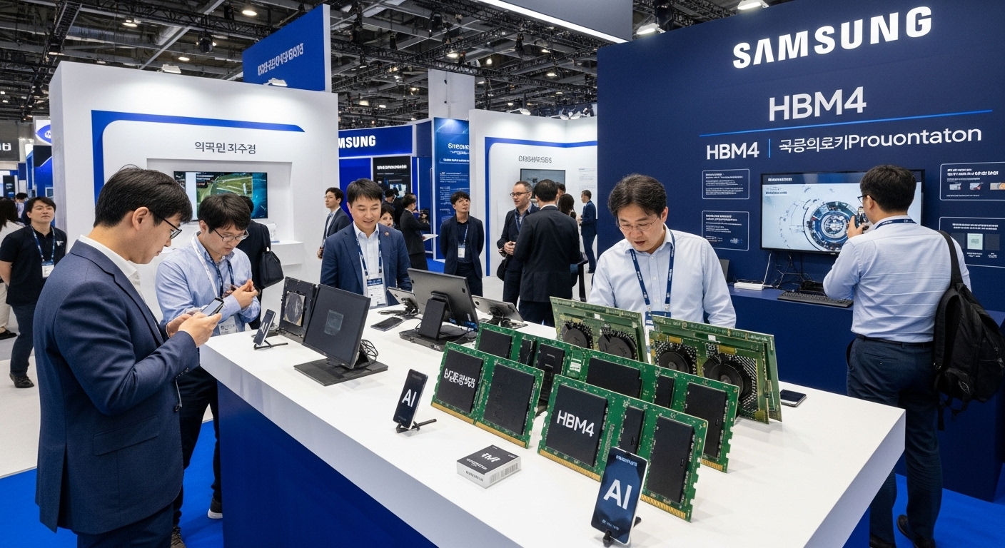 2025 삼성기술전, 미래 기술의 청사진을 그리다 - 활기찬 첨단 전시장에서 관람객들이 HBM4 메모리 모듈 및 온디바이스 AI 시연 디스플레이를 신나게 관람하며 혁신적인 미래 기술을 엿보는 모습