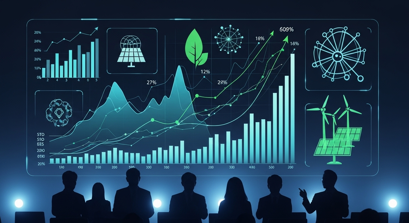 핵심 의제: 디지털 전환과 지속가능성 - 경제 성장 그래프와 지속 가능한 에너지 심볼이 표시된 미래형 디지털 인터페이스와 비즈니스 리더들의 실루엣