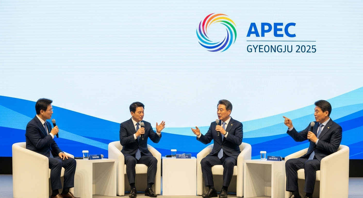 참가 리더와 예상 논의 - 무대 위에서 APEC 로고와 '경주 2025'가 보이는 스크린을 배경으로 토론하는 여러 APEC 경제 리더들