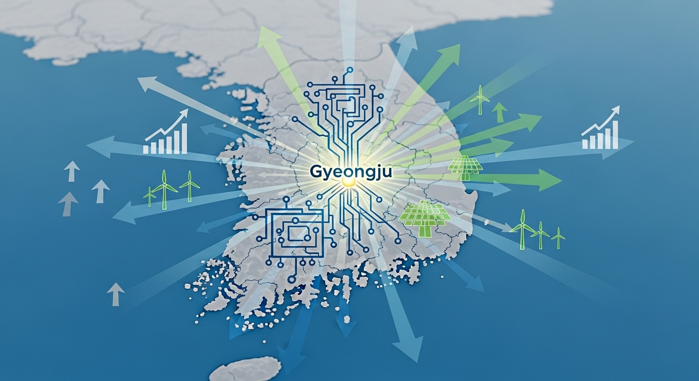 경주 APEC 서밋의 한국 경제 영향 - 한국 지도 위 경주에서 경제 성장, 기술, 녹색 에너지 상징이 뻗어나가는 모습
