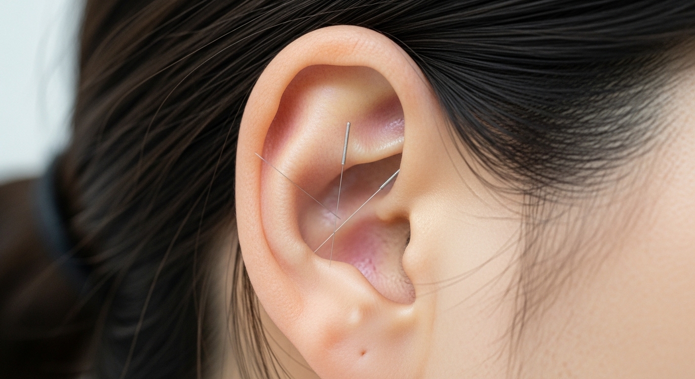 핵심 귀 혈자리와 그 효능 분석 - 다이어트에 효과적인 귀 혈자리에 정확하게 시술된 귀침의 모습