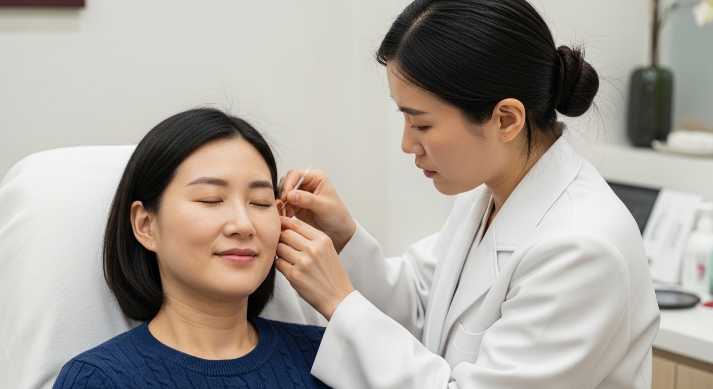 귀침 다이어트 시술 과정 및 주의사항 - 한의사가 환자의 귀에 귀침을 시술하는 전문적인 모습