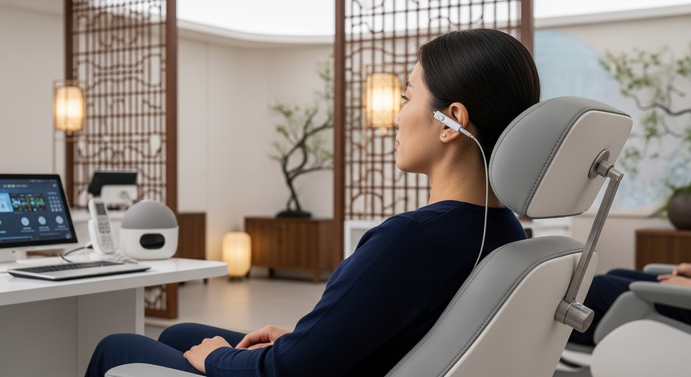 2025년 귀침 다이어트의 최신 트렌드와 미래 전망 - 첨단 기술과 이혈요법이 결합된 미래형 귀침 시술 장면