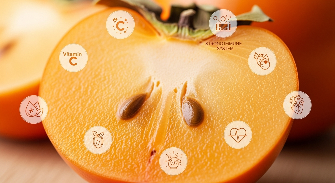 단감의 놀라운 효능: 단감 단면과 함께 비타민 C, 면역력 강화, 심장 건강 등 다양한 건강 효능을 상징하는 아이콘들이 어우러진 이미지