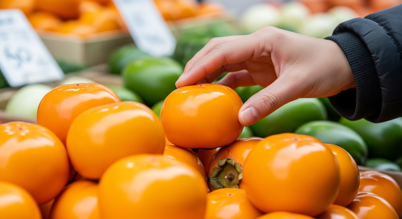 신선한 단감 고르는 팁과 보관 방법: 농산물 시장에서 한 손이 신선하고 윤기 나는 주황색 단감을 신중하게 고르는 모습