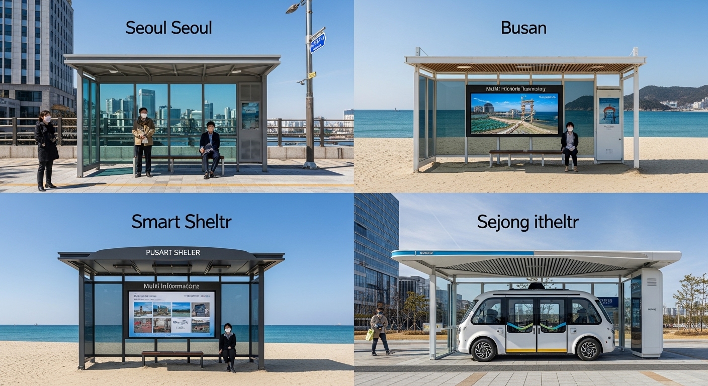 2025년 주요 스마트 쉼터 설치지역 현황 및 특징 - 서울의 미세먼지 저감 쉼터, 부산의 관광 특화 쉼터, 세종의 자율주행 연계 쉼터 등 각 도시의 특색을 반영한 스마트 쉼터 모습