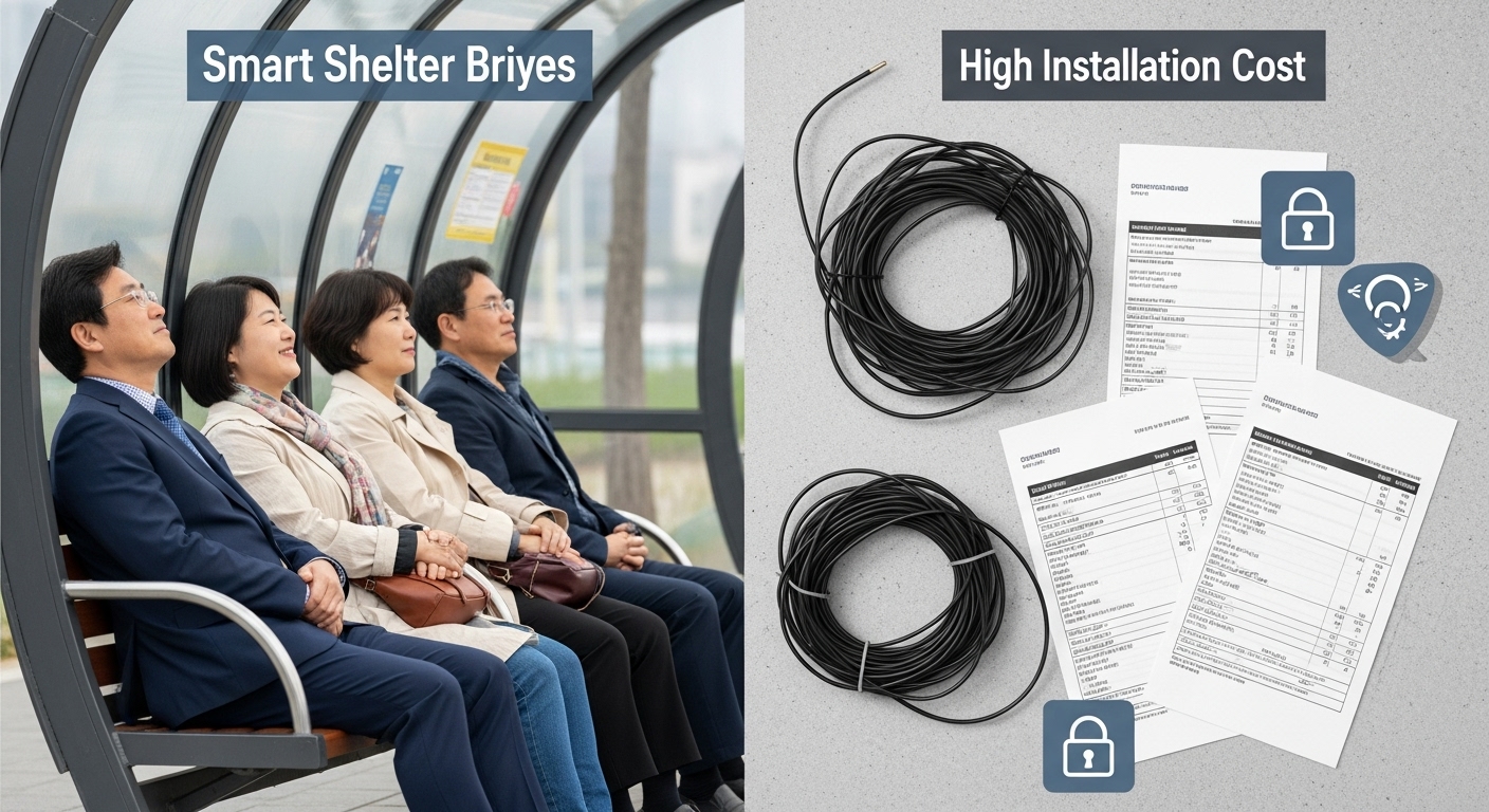 스마트 쉼터 도입의 긍정적 효과와 과제 - 시민들의 편의 증진과 안전 강화가 강조되는 한편, 높은 설치 비용, 유지보수 문제, 개인정보 보호 등의 과제가 함께 표현된 모습