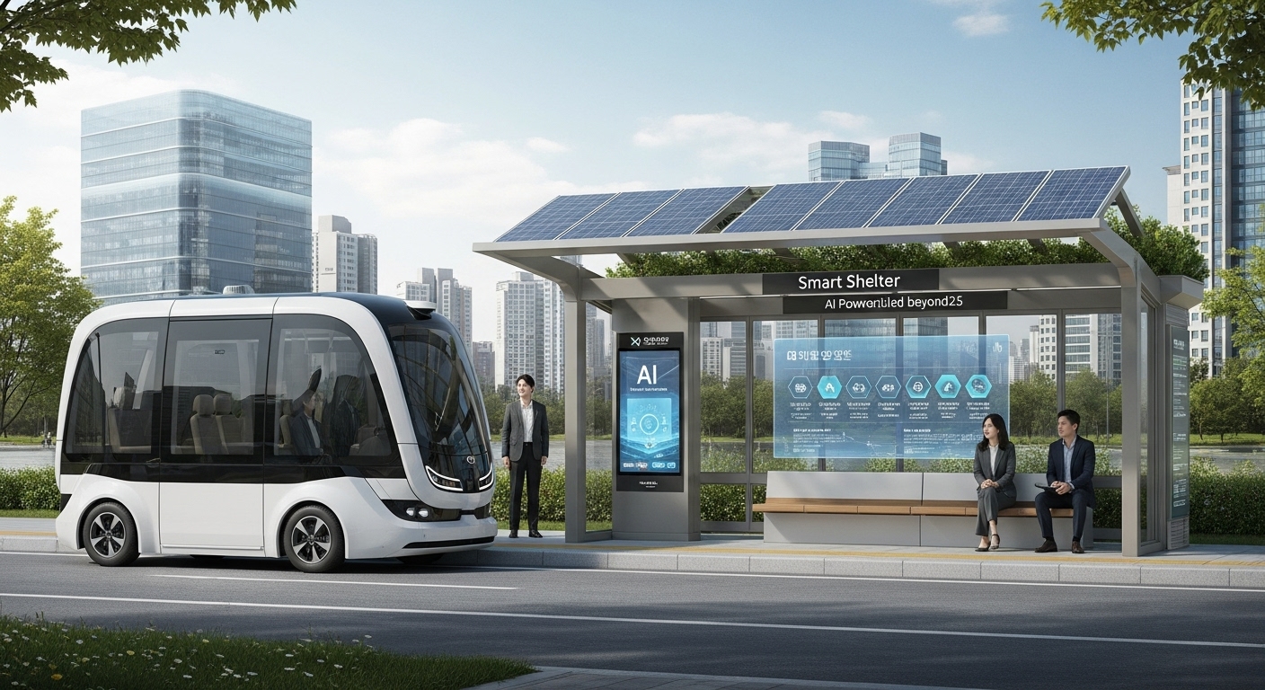 2025년 이후 스마트 쉼터의 미래 전망과 발전 방향 - 자율주행 셔틀과 연동되고 AI 기반 맞춤형 서비스를 제공하며 태양광 패널을 활용하는 미래형 스마트 쉼터의 모습