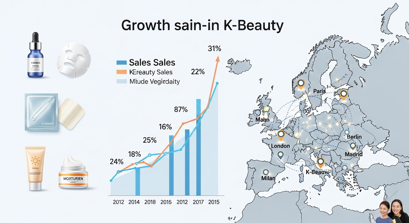 유럽 시장에서의 K-뷰티 확산 및 비즈니스 기회 - K-뷰티의 유럽 내 성장을 보여주는 생동감 있는 상세 인포그래픽으로, 판매 증가 차트, K-뷰티를 채택하는 주요 유럽 도시를 강조한 지도, 세럼, 시트 마스크, 선크림 등 인기 K-뷰티 제품을 나타내는 아이콘이 보인다.