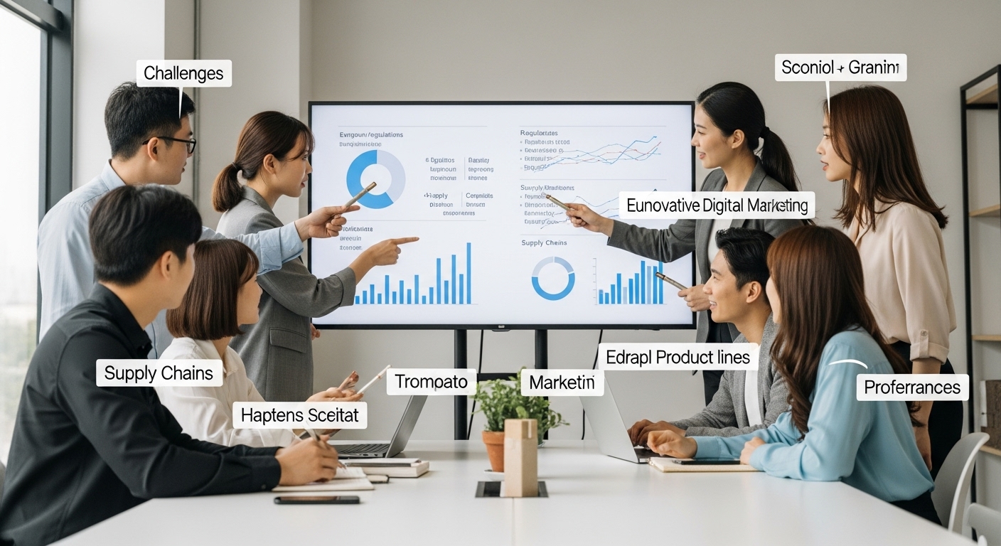 지속 가능한 성장 전략과 과제 - 현대적인 코워킹 스페이스에서 역동적이고 다양한 젊은 기업가들이 유럽 K-뷰티 확장을 위한 전략을 브레인스토밍하고 있다. 그들은 스크린의 차트를 가리키며 규제 및 공급망과 같은 과제를 논의하고 디지털 마케팅 및 인플루언서 협업과 같은 해결책을 제안하고 있다.