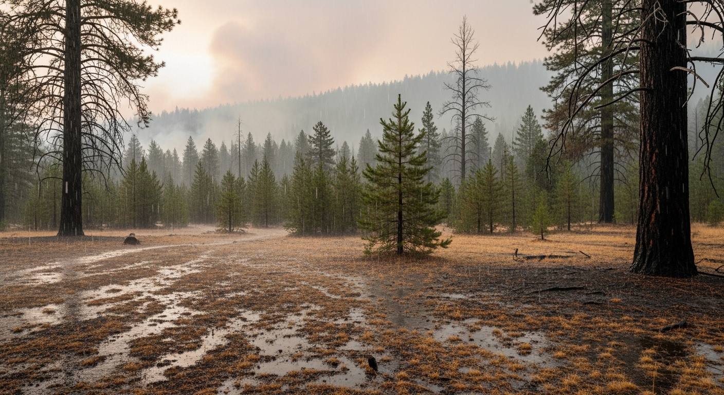 산불 예방을 위한 인공강우의 잠재적 효과 - 인공강우로 인해 건조한 숲이 촉촉해지고 산불 위험이 감소하는 모습