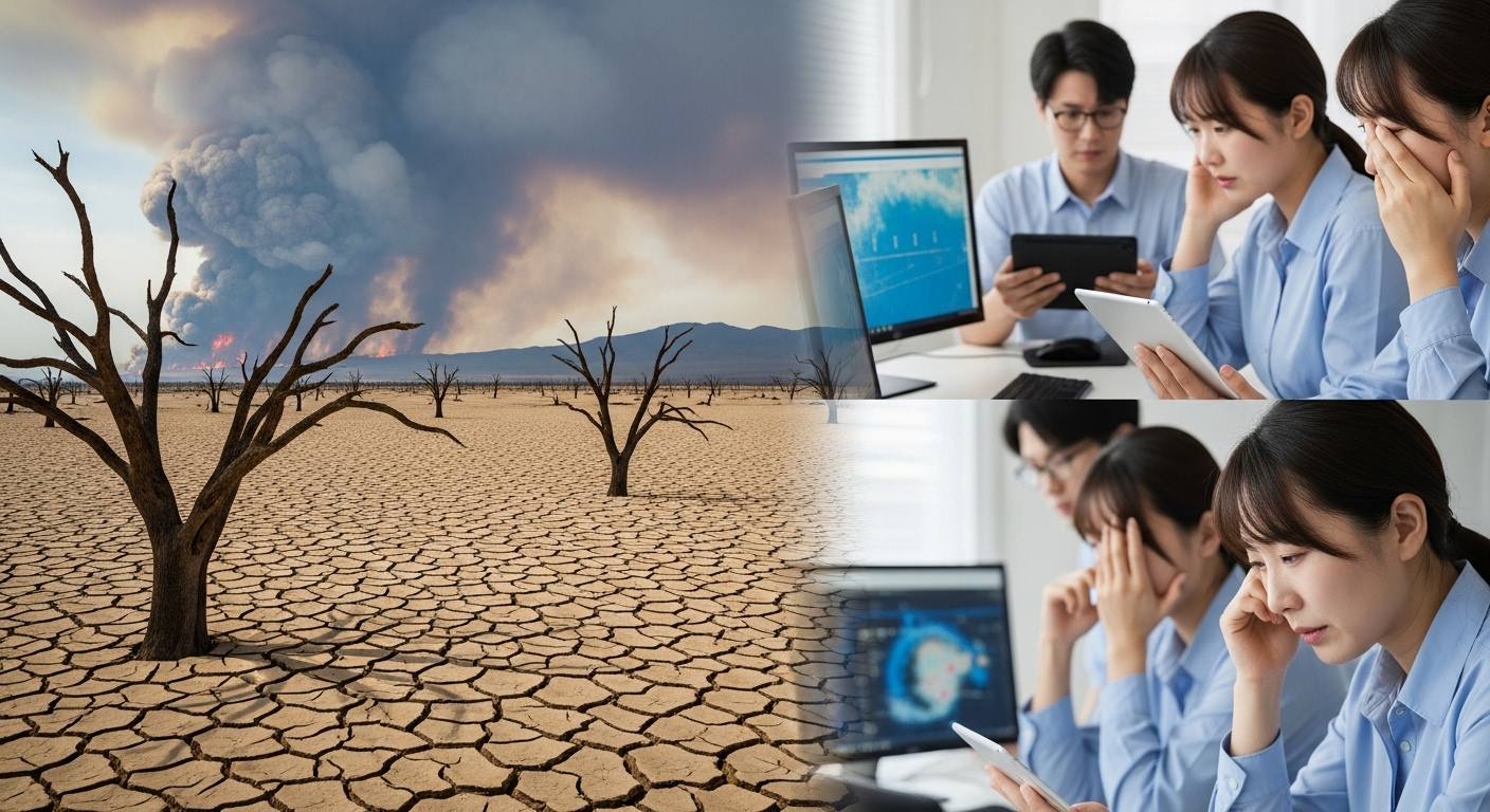 인공강우 산불 예방의 한계와 도전 과제 - 극심한 가뭄과 산불 앞에서 인공강우의 어려움을 보여주는 건조한 풍경과 고민하는 과학자들