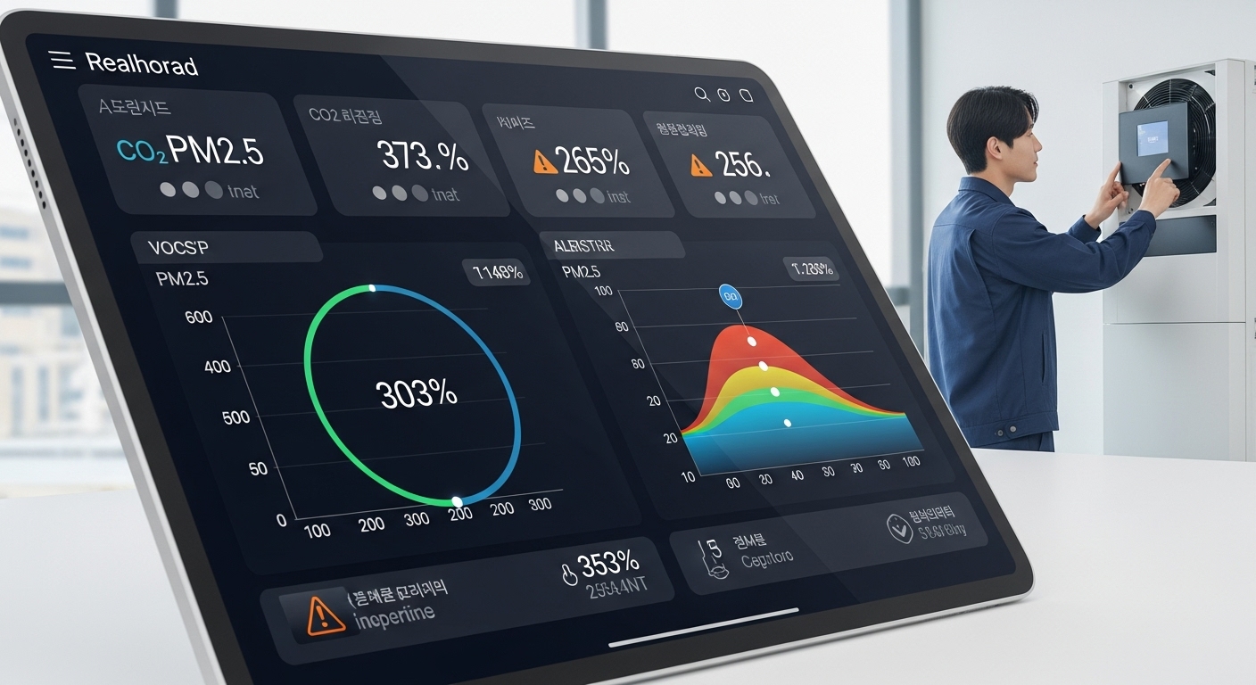 실내 공기질 모니터링 SaaS의 핵심 기능 - 태블릿 화면에 실시간 실내 공기질 데이터와 그래프가 표시된 미래형 대시보드가 보이고, 한국인 엔지니어가 스마트 환기 시스템을 조작하는 모습