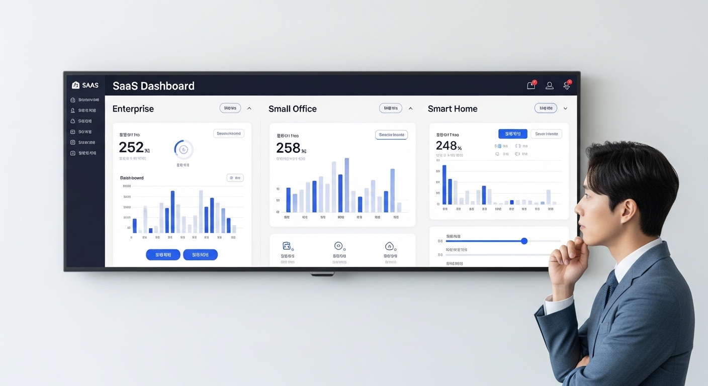 주요 실내 공기질 모니터링 SaaS 솔루션 비교 - 대형 디스플레이에 기업용, 중소기업용, 스마트 홈용 등 세 가지 실내 공기질 SaaS 대시보드가 나란히 비교되어 표시되고, 한국인 사업가가 신중하게 검토하는 모습