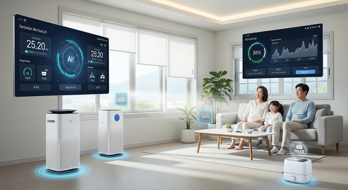 성공적인 실내 공기질 SaaS 도입을 위한 가이드와 미래 전망 - 인공지능이 공기청정기, 스마트 창문, 가습기 등 IoT 기기들을 자동으로 제어하여 실내 공기질을 최적화하는 스마트 홈에서 한국인 가족이 편안하게 휴식하는 모습