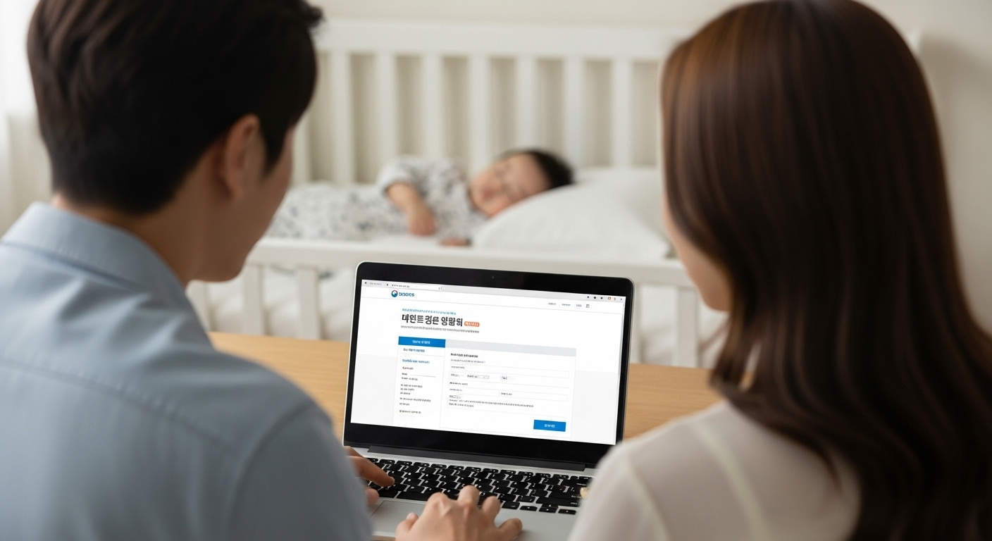 2026년 출산지원금 신청 자격 및 방법 - 부부가 온라인으로 출산지원금을 신청하며 필요한 서류를 준비하는 모습