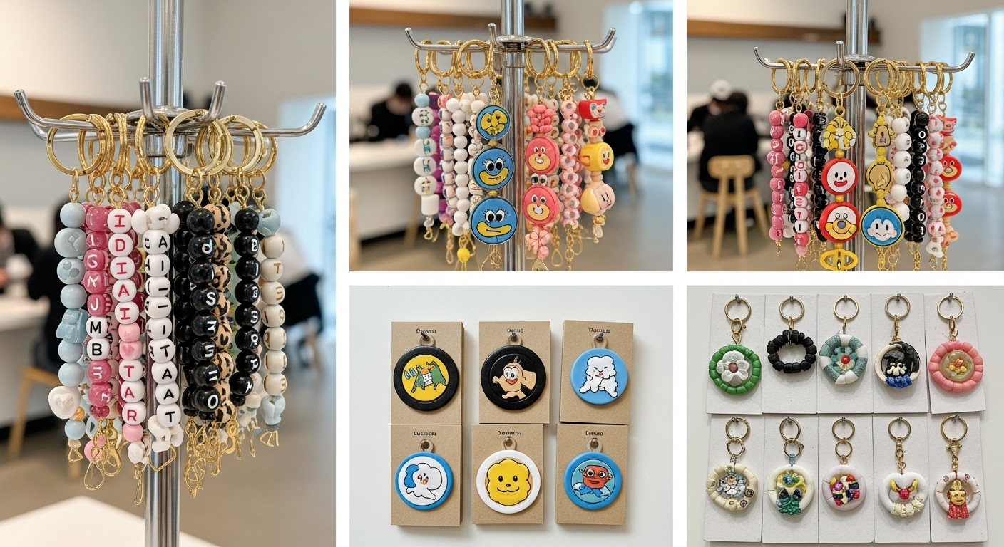 2025년 10월 Z세대가 주목하는 키링 트렌드 분석 - 커스텀 비즈, 캐릭터, 지속가능 키링 등 다양한 인기 키링들이 트렌디한 카페에 전시된 모습