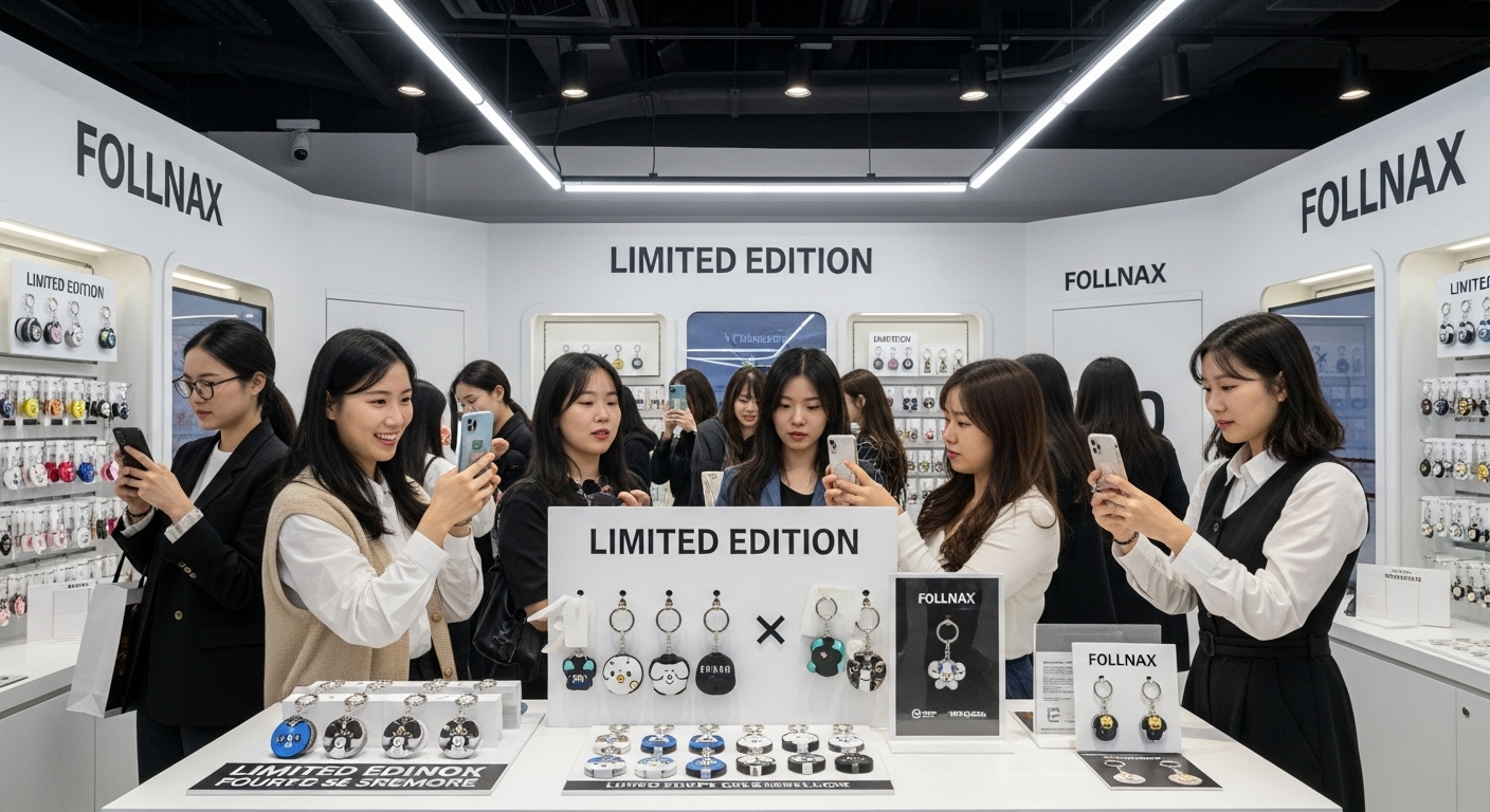 키링 시장의 진화: 브랜드 협업과 마케팅 전략 - 서울의 트렌디한 팝업 스토어에서 한정판 키링을 구경하고 있는 Z세대들