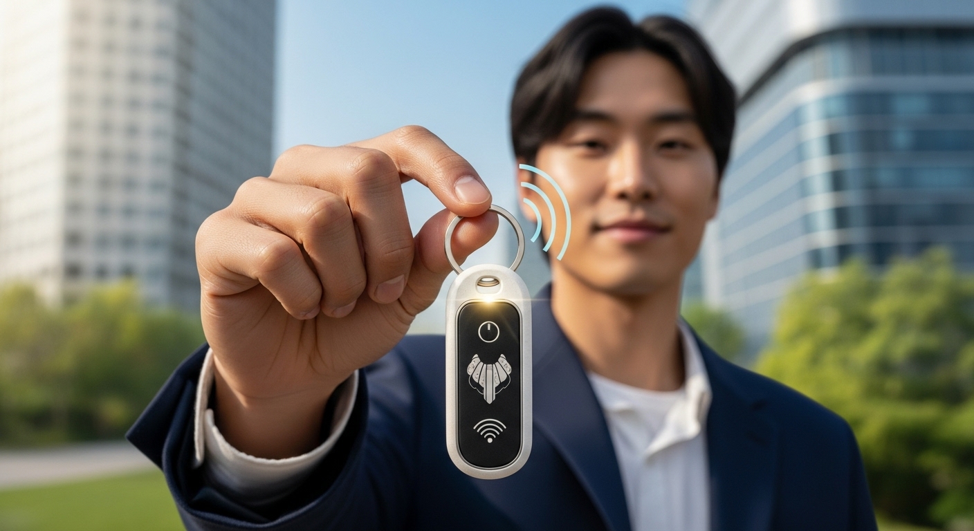 도어락 시대, 키링의 미래와 지속 가능한 성장 - 지속가능한 소재와 스마트 기능이 통합된 미래형 키링을 들고 있는 Z세대