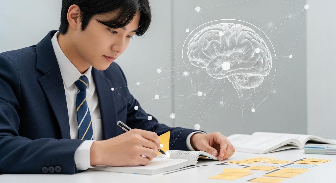 효율적인 기억력 향상 학습 기법 - 한국인 학생이 마인드맵과 플래시카드를 사용하여 정보를 시각적으로 연결하며 기억하는 모습