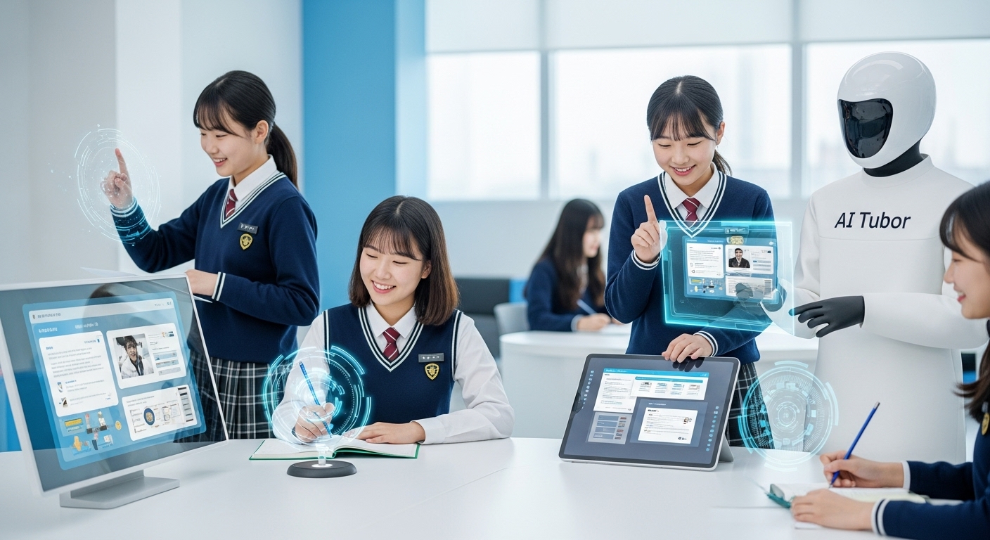 AI와 디지털 도구를 활용한 스마트 공부 습관 - 한국인 학생들이 AI 튜터와 홀로그램으로 상호작용하며 개인 맞춤형 학습을 하는 미래 교육 환경