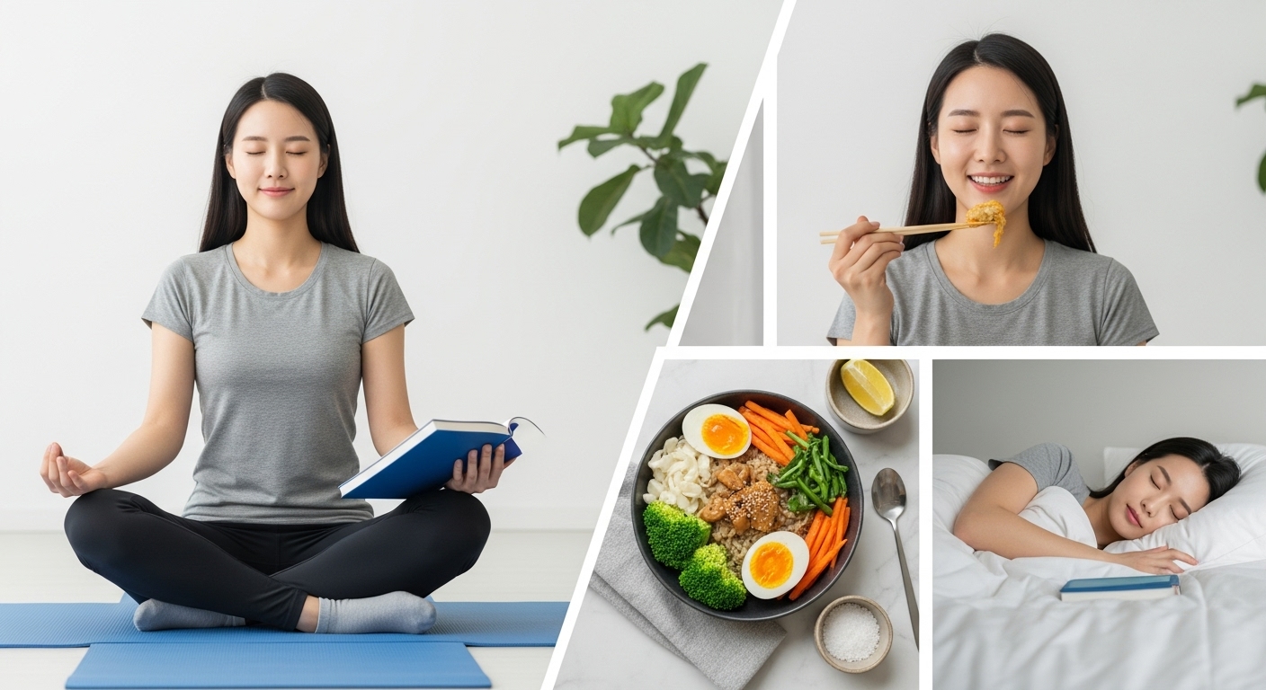 지속 가능한 스마트 공부 습관을 위한 생활 관리 - 한국인 여성이 명상, 건강한 식단, 규칙적인 수면으로 균형 잡힌 생활을 하며 공부 습관을 유지하는 모습