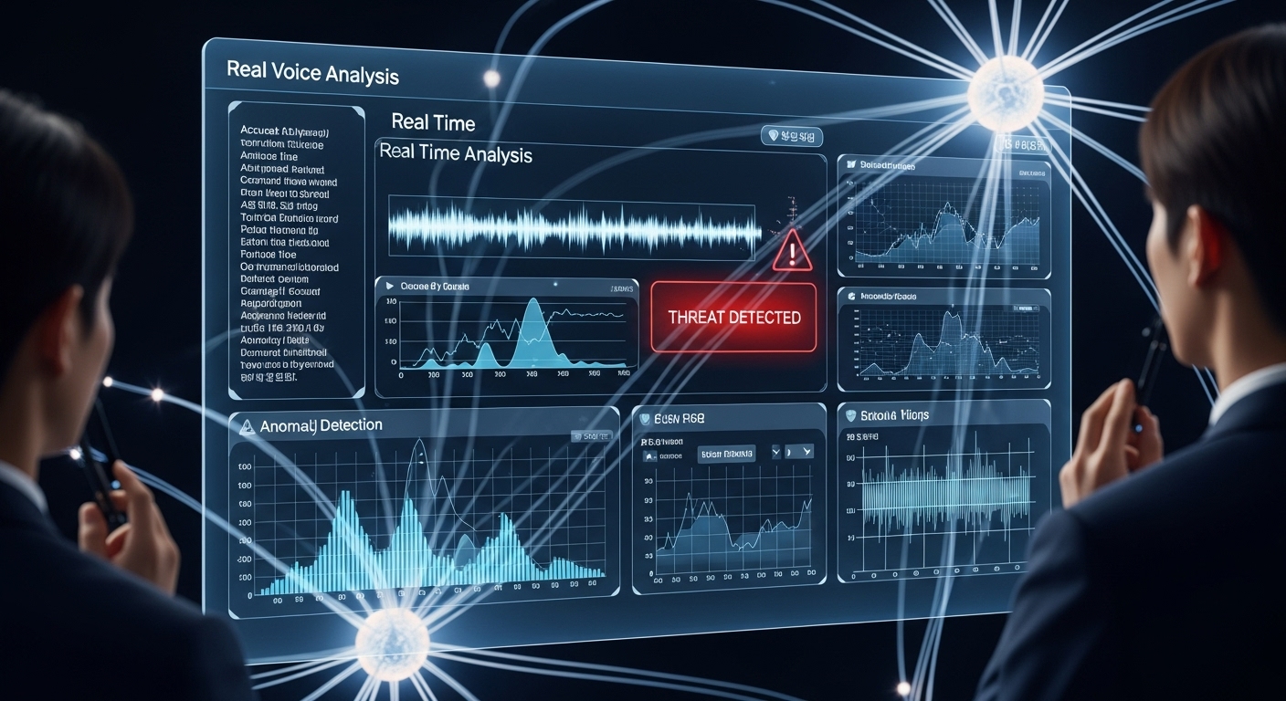 신뢰할 수 있는 AI 플랫폼의 핵심 기능과 기술 - 실시간 음성 분석 파형, 텍스트 변환, 이상 징후 탐지 그래프를 보여주는 미래 지향적인 AI 플랫폼 사용자 인터페이스. AI 알고리즘이 배경에서 작동하며 