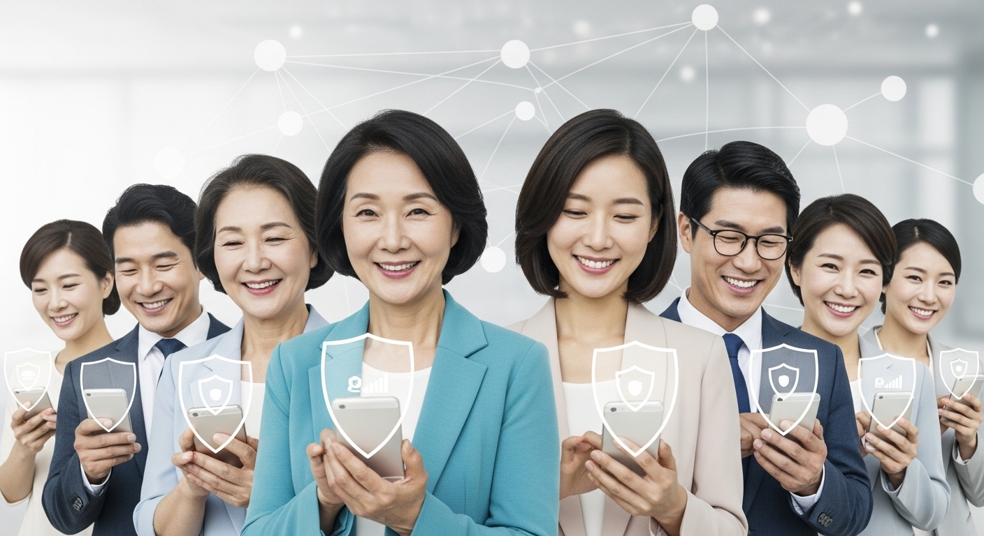 사용자 보호 강화: 실제 적용 사례와 기대 효과 - 다양한 연령대의 한국인들이 안심하고 스마트폰을 사용하는 모습. 기기 위에 투명한 디지털 보호막이 겹쳐져 있고, 배경에는 안전한 금융 네트워크가 희미하게 보임.