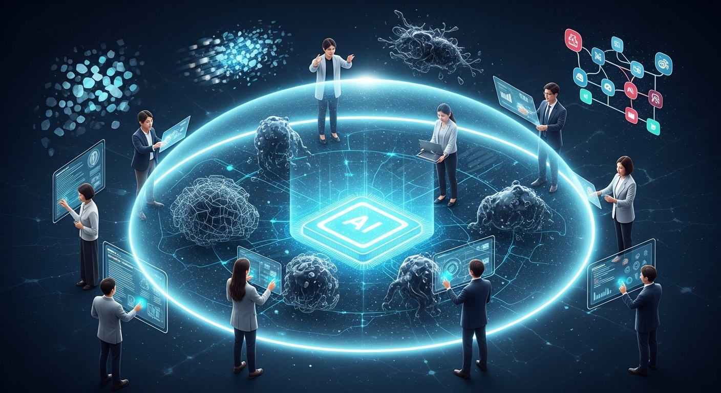 과제와 미래 전망: 지속 가능한 보이스피싱 AI 방어 시스템 - AI 코어가 보호 광선을 발산하는 역동적인 디지털 환경. 주변에는 프라이버시, 진화하는 위협, AI 윤리 등 다양한 도전 과제들이 그림자처럼 묘사되어 있고, 한국 연구자들과 정책 입안자들이 협력하여 AI 방어를 개선하는 모습.